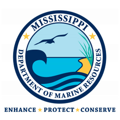 Mississippi Department of Marine Resources circular logo featuring a seabird, waves, coastal grasses, and a shoreline in blue, green, and gold, with the words “Enhance, Protect, Conserve” below.