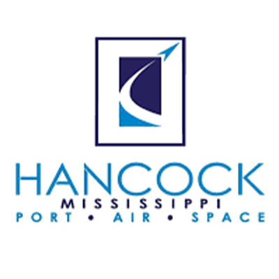 Hancock Mississippi logo featuring a blue geometric emblem with an upward arrow above the words “Hancock Mississippi” and “Port • Air • Space.”
