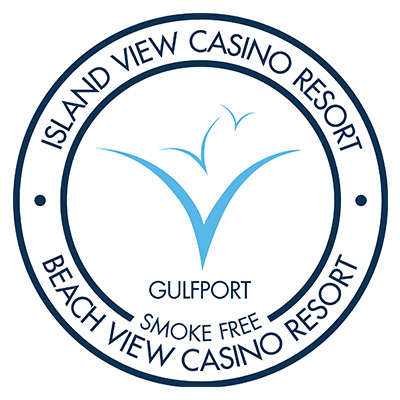 Circular Island View Casino Resort and Beach View Casino Resort logo featuring three light blue stylized seabirds, with “Gulfport” and “Smoke Free” inside a navy blue border.