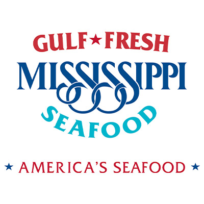 Mississippi Seafood logo with red “Gulf Fresh” lettering, blue “Mississippi” lettering with looping flourishes, turquoise “Seafood” lettering, and the tagline “America’s Seafood” below.