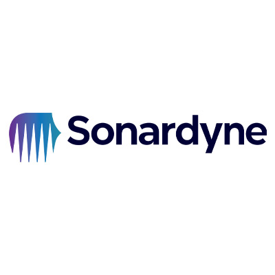 Sonardyne logo featuring a purple-to-blue gradient symbol with vertical tapered cutouts beside the company name in navy blue.